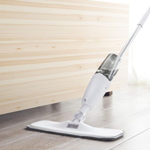 Spray mop for home use with 360-degree rotating pole, ergonomic handle, and refillable water tank