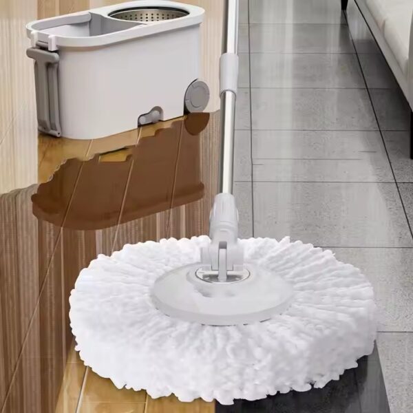 Easy-wring rotating spin mop set with microfiber head and bucket (8) High-quality 360° easy-wring microfiber spin mop for floor cleaning