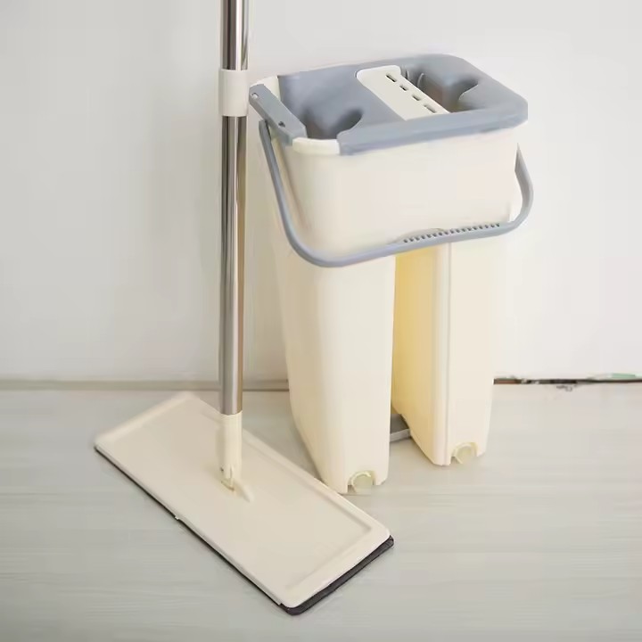 Dry & wet separation hands-free microfiber flat mop with self-cleaning bucket