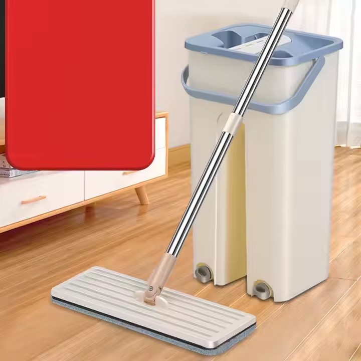Dry & wet separation hands-free microfiber flat mop with self-cleaning bucket