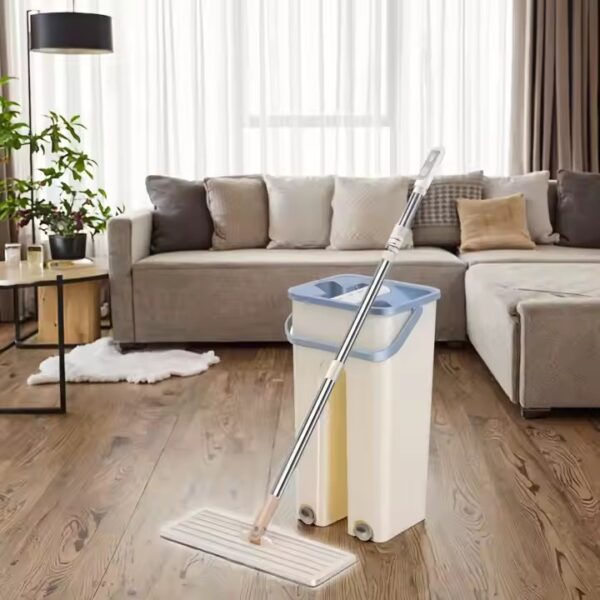 Dry & wet separation hands-free microfiber flat mop with self-cleaning bucket