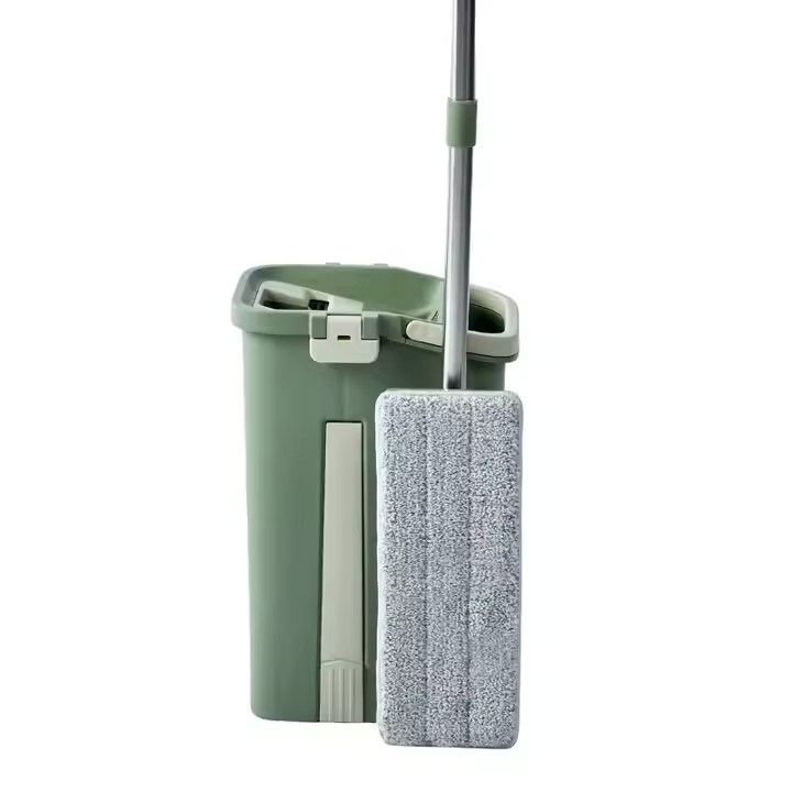 Dry & wet separation hands-free microfiber flat mop with self-cleaning bucket