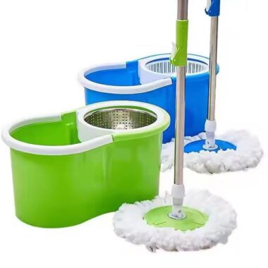 Round 360-degree magic spin mop with rotating microfiber head and bucket