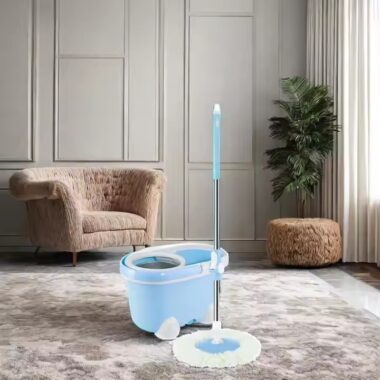 Round 360-degree magic spin mop with rotating microfiber head and bucket