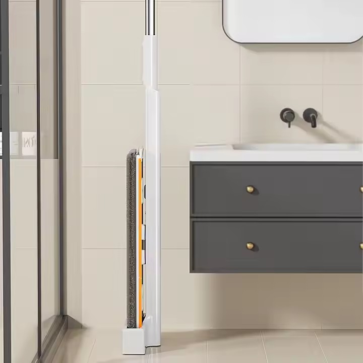 Hands-free flat mop with self-wringing bucket and microfiber pad