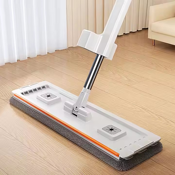 Hands-free flat mop with self-wringing bucket and microfiber pad