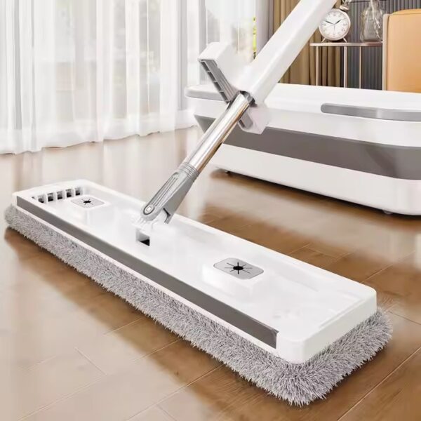 Hands-free flat mop with self-wringing bucket and microfiber pad