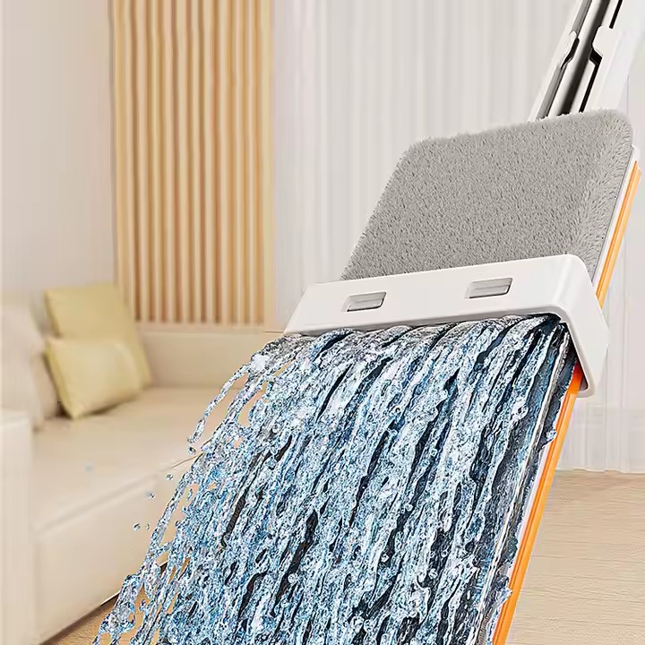 Hands-free flat mop with self-wringing bucket and microfiber pad