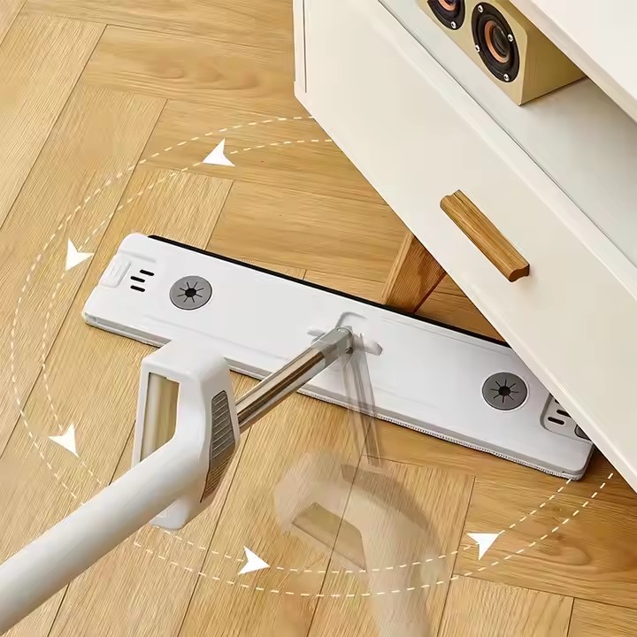 Hands-free flat mop with self-wringing bucket and microfiber pad